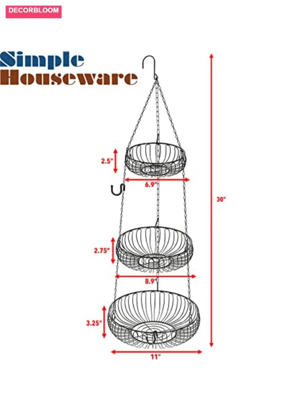 Adjustable Metal Hanging Fruit Basket Oblate Shape 3-Tier Kitchen Storage